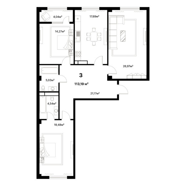 3 комн. — 113.19 м²
