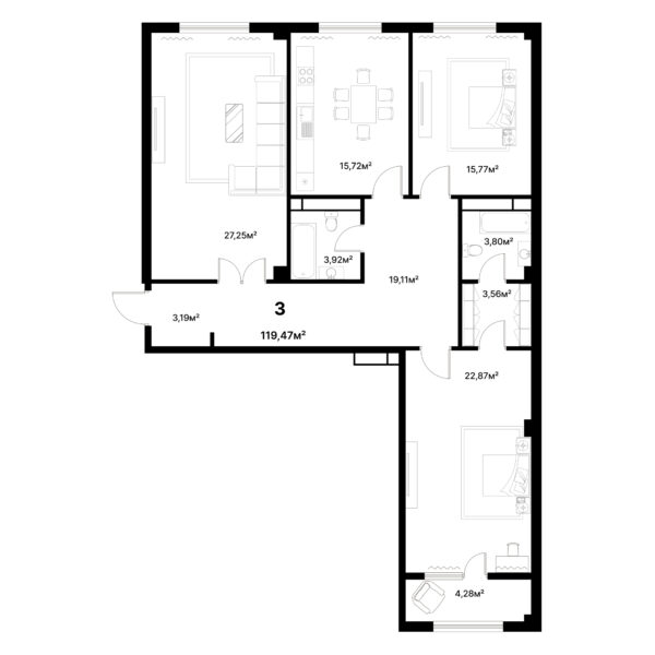 3 комн. — 119.47 м²