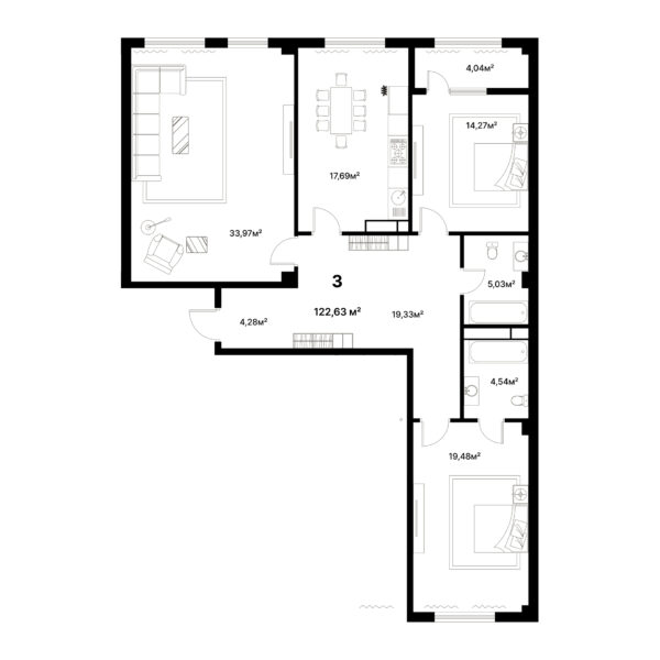 3 комн. — 122.63 м²