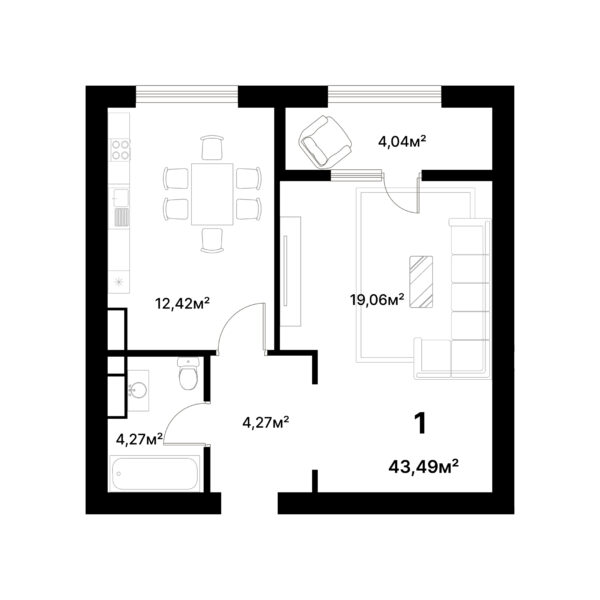 2 комн. — 43.49 м²