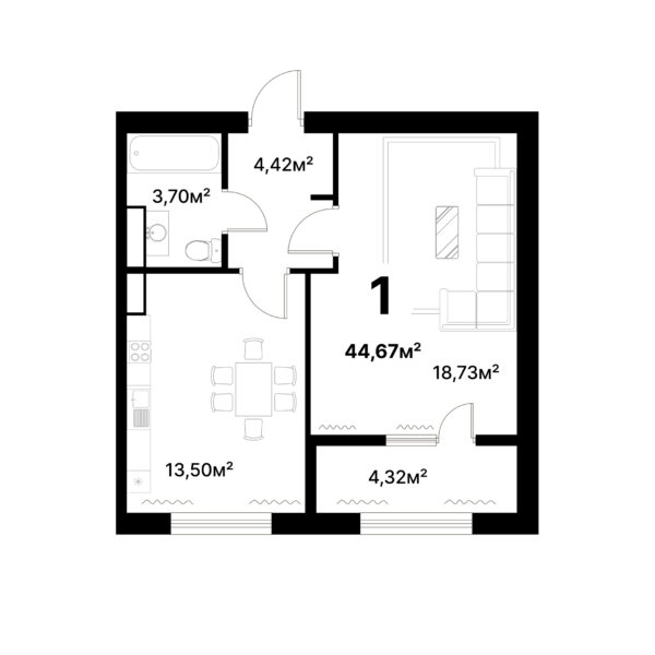 1 комн. — 44.67 м²