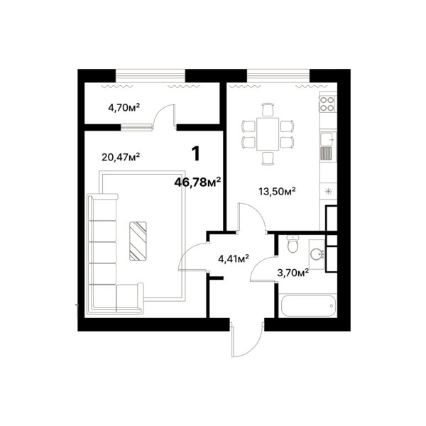 1 комн. — 46.78 м²