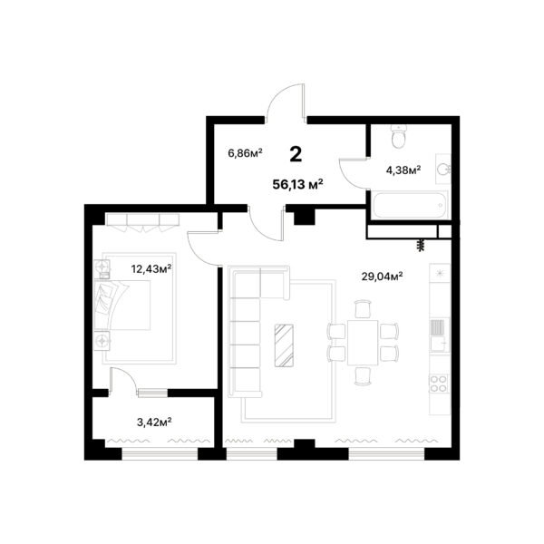 1 комн. — 56.13 м²