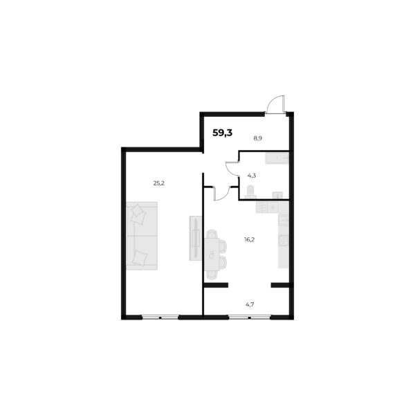1 комн. — 59.3 м²