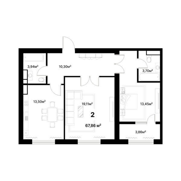 2 комн. — 67.86 м²