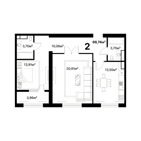 2 комн. — 69.74 м²
