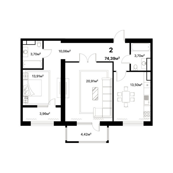 2 комн. — 74.39 м²