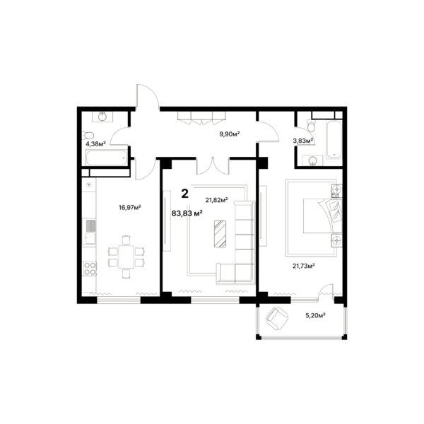 2 комн. — 83.83 м²